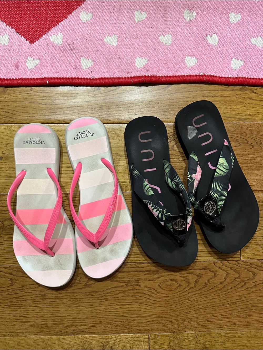 Victoria's Secret Pink Striped Flip Flops and Black Tropical Logo Flip Flops